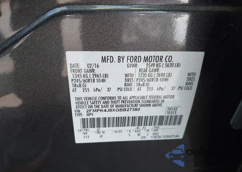 2016 Ford Edge Sel z USA, uszkodzony, nr VIN 2FMPK4J8XGBB27380